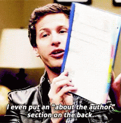 A Man Holding A Piece Of Paper That Says " I Even Put An " About The Author 'S Section On The Back " On It GIF