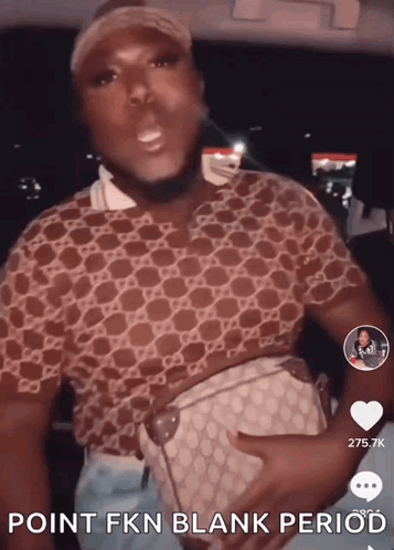 A Man Holding A Purse With The Words Point Fkn Blank Period Written Below Him GIF