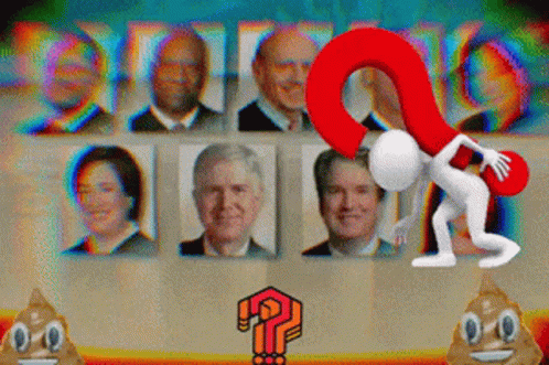 A Man Holding A Red Question Mark In Front Of A Bunch Of People GIF