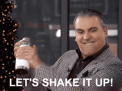 A Man Holding A Shaker With The Words Let 'S Shake It Up On The Bottom GIF