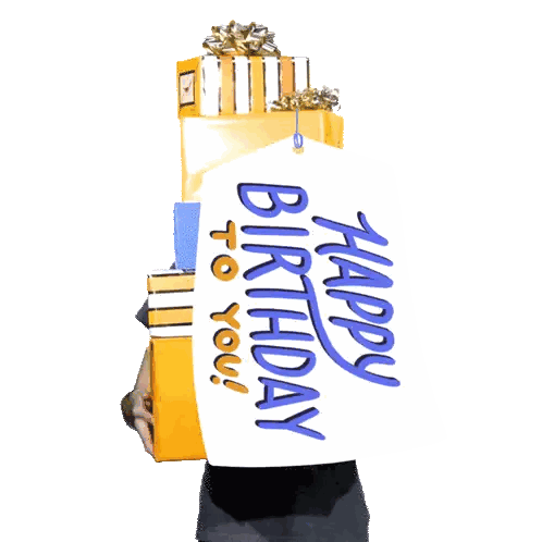 a man holding a sign that says happy birthday to you on it