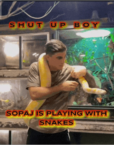 A Man Holding A Snake With The Words Shut Up Boy GIF