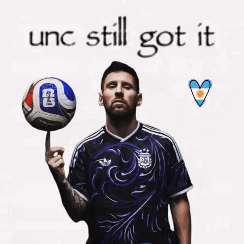A Man Holding A Soccer Ball With The Words " Unc Still Got It " On The Bottom GIF