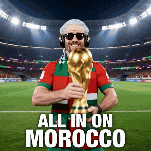 a man holding a soccer trophy with the words all in on morocco below him