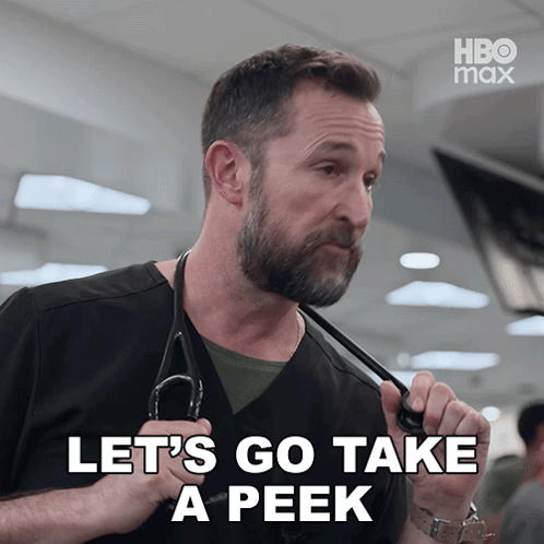 a man holding a stethoscope with the words let 's go take a peek below him