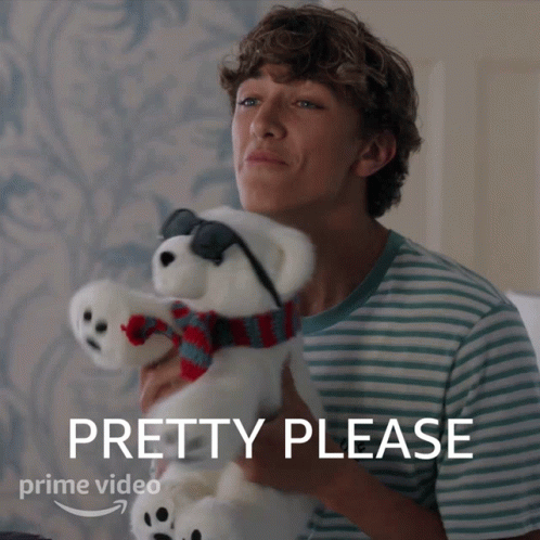 A Man Holding A Stuffed Polar Bear With Sunglasses And A Scarf With The Words Pretty Please On It GIF