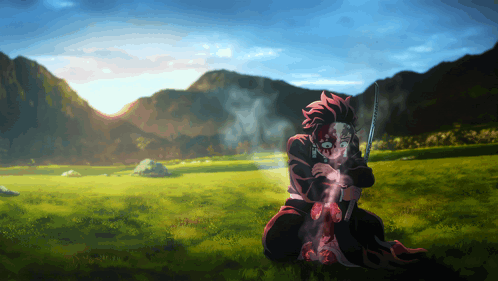 A Man Holding A Sword In A Grassy Field GIF