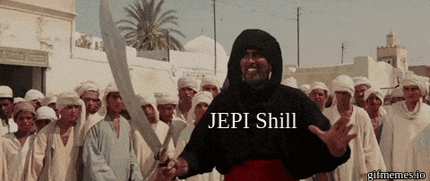 A Man Holding A Sword In Front Of A Crowd With The Words Jepi Shill On The Bottom GIF