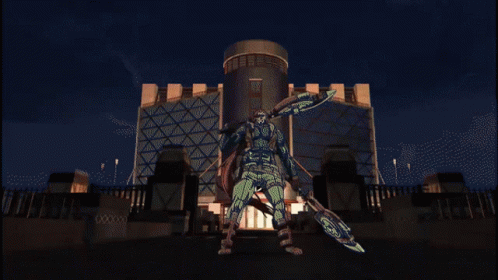 A Man Holding A Sword In Front Of A Large Explosion GIF