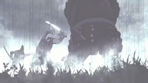 A Man Holding A Sword Stands In Front Of A Monster GIF