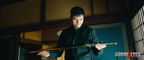 A Man Holding A Sword With Snake Eyes Written On The Bottom Right GIF