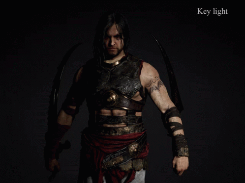 A Man Holding A Sword With The Words Key Light Fill Light Rim Light Hair Rim Light Sword Light Extra Key Light Medallion GIF