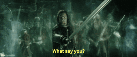 A Man Holding A Sword With The Words " What Say You " Written Below Him GIF
