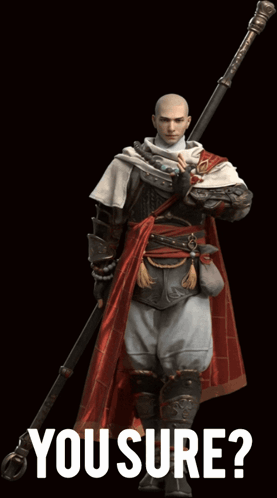 a man holding a sword with the words " you sure " behind him
