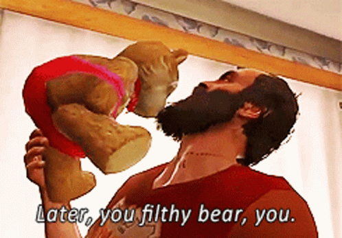 A Man Holding A Teddy Bear With The Words " Later You Filthy Bear You " GIF
