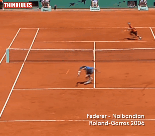 A Man Holding A Tennis Racquet In Front Of A Fedex Banner GIF