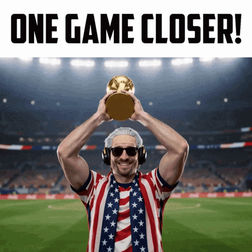 a man holding a trophy with the words one game closer written above him