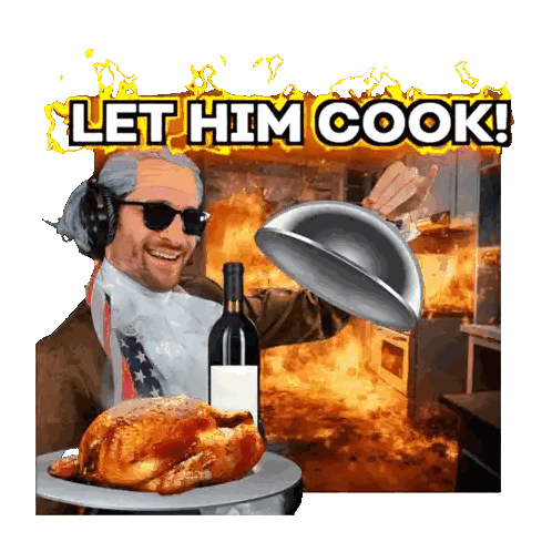 a man holding a turkey and a bottle of wine with the words let him cook above him