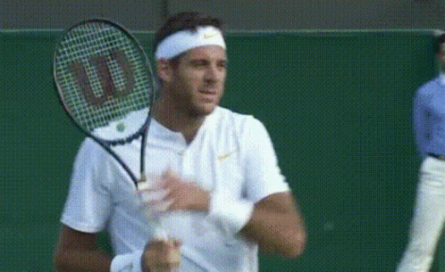 a man holding a wilson tennis racquet on a green court