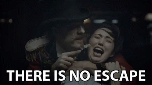 A Man Holding A Woman With A Fork And The Words " There Is No Escape " Behind Him GIF