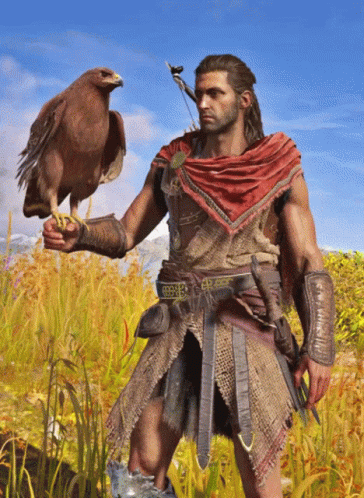 a man holding an eagle on his arm with a sword in his hand