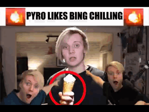 A Man Holding An Ice Cream Cone With The Words " Pyro Likes Bing Chilling " Above Him GIF