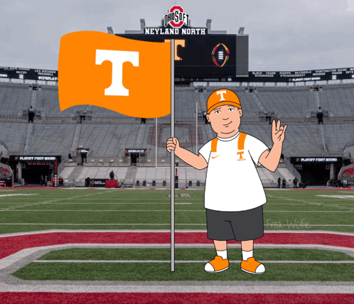 A Man Holding An Orange Flag With The Letter T On It In Front Of An Ohio State Stadium GIF