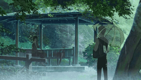 A Man Holding An Umbrella Stands In The Rain Next To A Girl Sitting On A Bench GIF