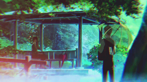 A Man Holding An Umbrella Stands Next To A Woman Sitting On A Bench GIF