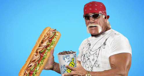 A Man In A Bandana Is Holding A Subway Sandwich And A Cup Of Iced Tea GIF