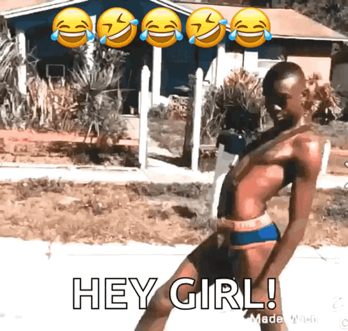 A Man In A Bathing Suit Says " Hey Girl " GIF