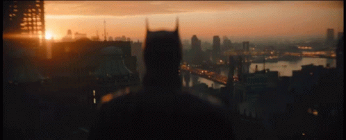 A Man In A Batman Costume Is Standing In Front Of A City Skyline At Sunset GIF