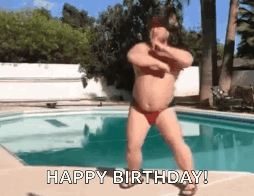 A Man In A Bikini Is Dancing In Front Of A Pool With The Words Happy Birthday Written Below Him GIF