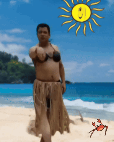A Man In A Bikini Is Dancing On The Beach With A Crab And Sun In The Background GIF