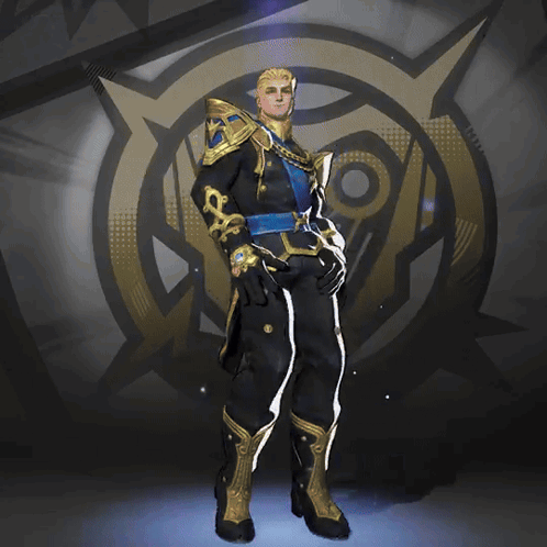 A Man In A Black And Gold Costume Is Standing In Front Of A Star GIF