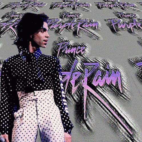 A Man In A Black And White Polka Dot Shirt Stands In Front Of A Purple Rain Background GIF