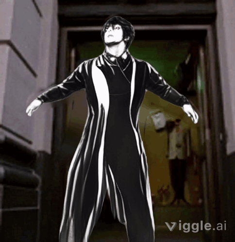 A Man In A Black And White Striped Suit Is Standing In Front Of A Door With The Words Vigle.ai Written Below Him GIF