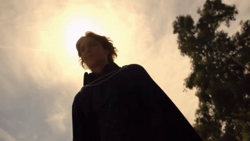 A Man In A Black Cape Stands In Front Of A Tree With The Sun Shining Through It GIF