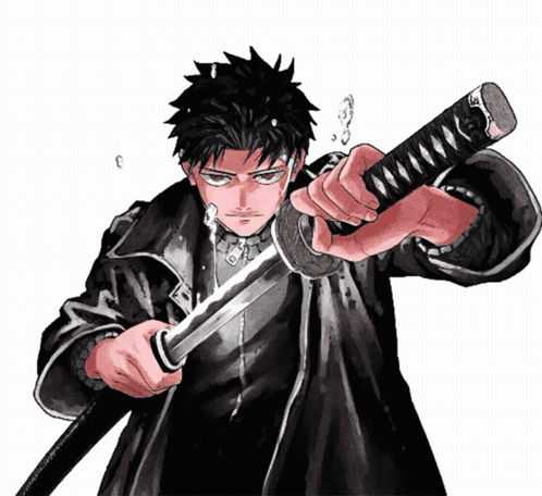 A Man In A Black Coat Is Holding A Sword In His Right Hand GIF