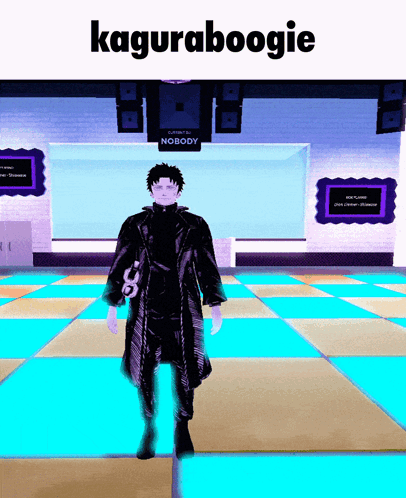 A Man In A Black Coat Stands In Front Of A Sign That Says Kaguraboogie GIF