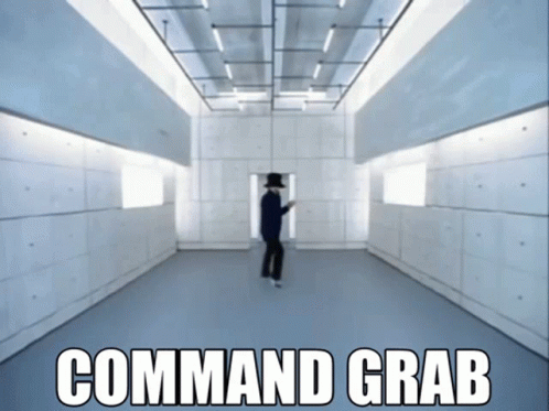 A Man In A Black Hat Is Dancing In A Room That Says Command Grab On The Bottom GIF