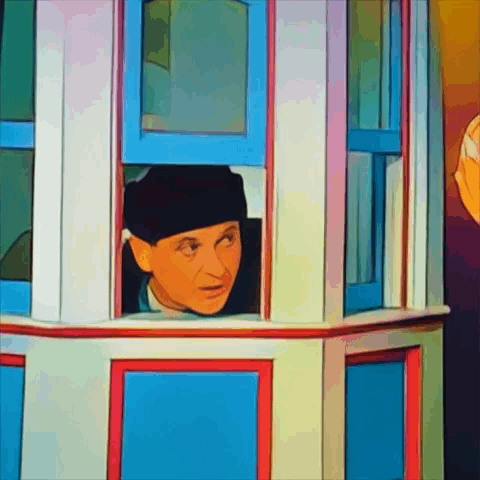 A Man In A Black Hat Looks Out Of A Window GIF