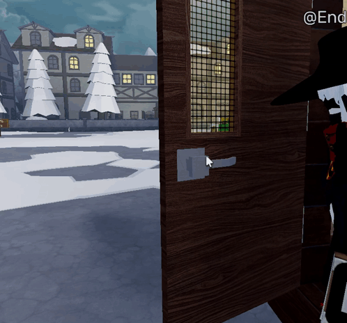 A Man In A Black Hat Stands In Front Of A Wooden Door That Says @End On It GIF