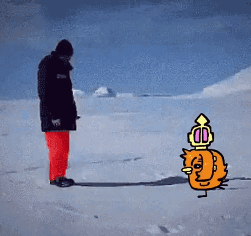A Man In A Black Jacket And Red Pants Is Standing In The Snow Next To A Cartoon Character With A Crown On His Head GIF