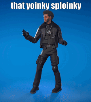 A Man In A Black Jacket Is Dancing With The Words That Yoinky Sploinky Above Him GIF