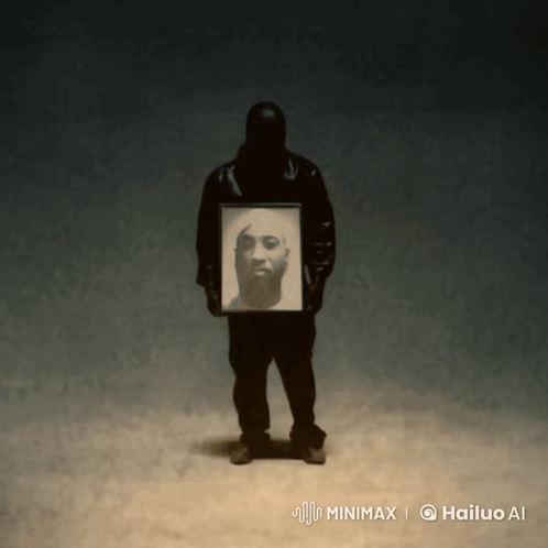 A Man In A Black Jacket Is Holding A Photo Of A Man GIF