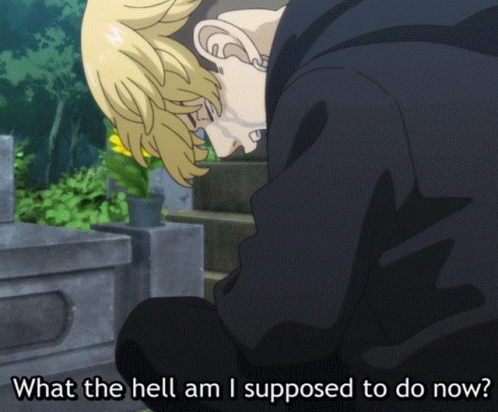 A Man In A Black Jacket Is Kneeling Down With The Words What The Hell Am I Supposed To Do Now Below Him GIF