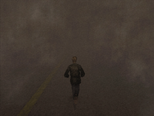 a man in a black jacket is running in a dark room