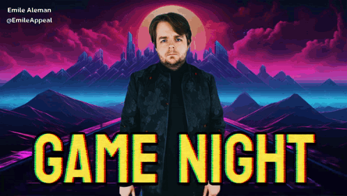A Man In A Black Jacket Is Standing In Front Of A Game Night Advertisement GIF