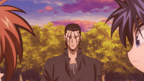 A Man In A Black Jacket Is Standing In Front Of Two Anime Characters GIF